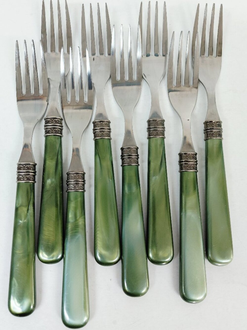 Green Pearlized Handle Dinner Forks Set of 8 Ornate Silver Tone Stainless 8"